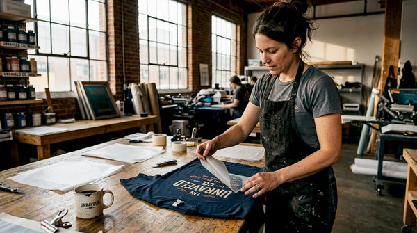 Printer peeling film from custom t-shirt at studio table