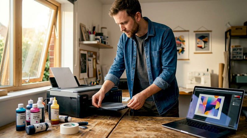 Hobbyist setting up DTF printer in home studio