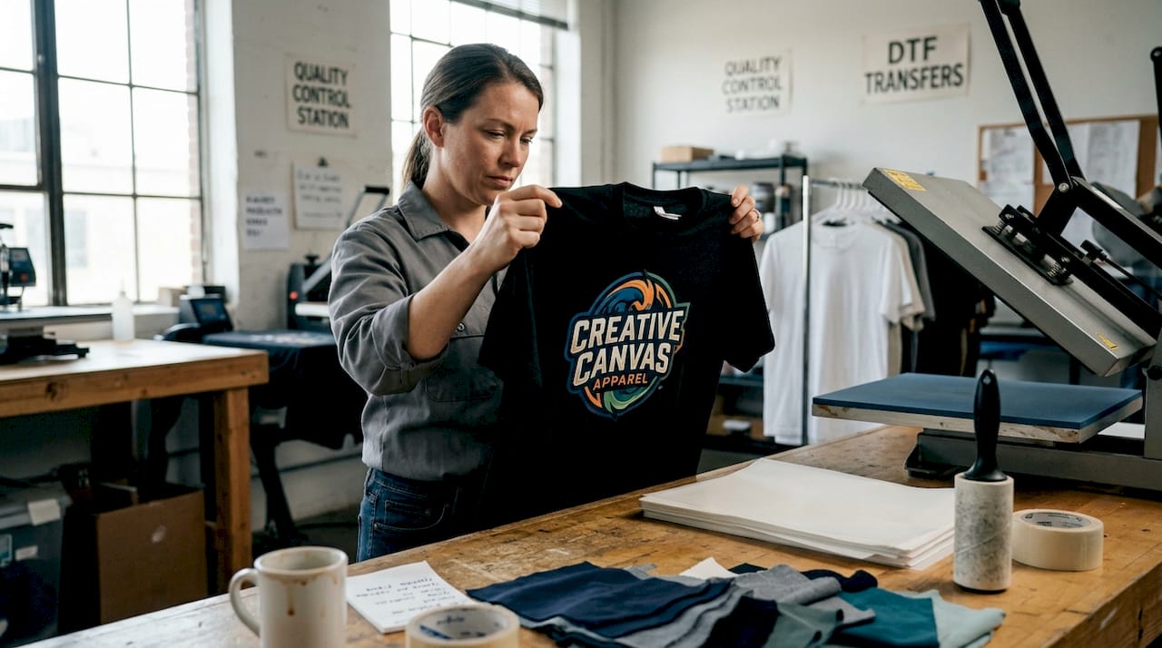 Technician inspects DTF print shirt in studio
