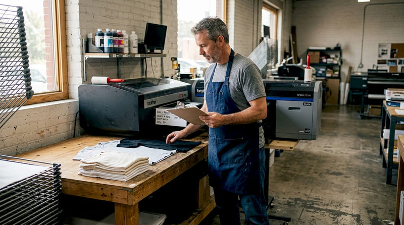 Print technician preparing shirts in studio