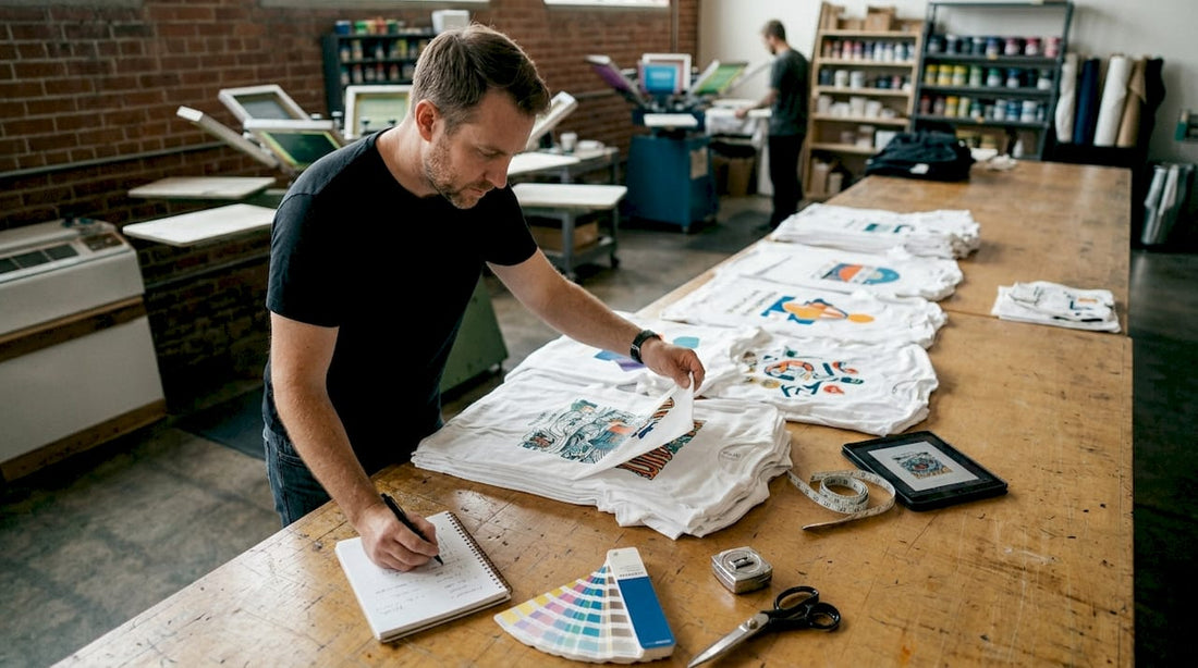 Production manager reviewing printed sample shirts