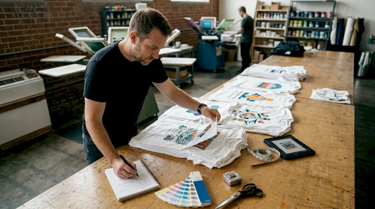 Production manager reviewing printed sample shirts