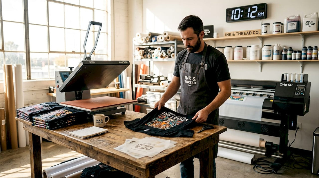 Print technician reviews DTF prints in workshop