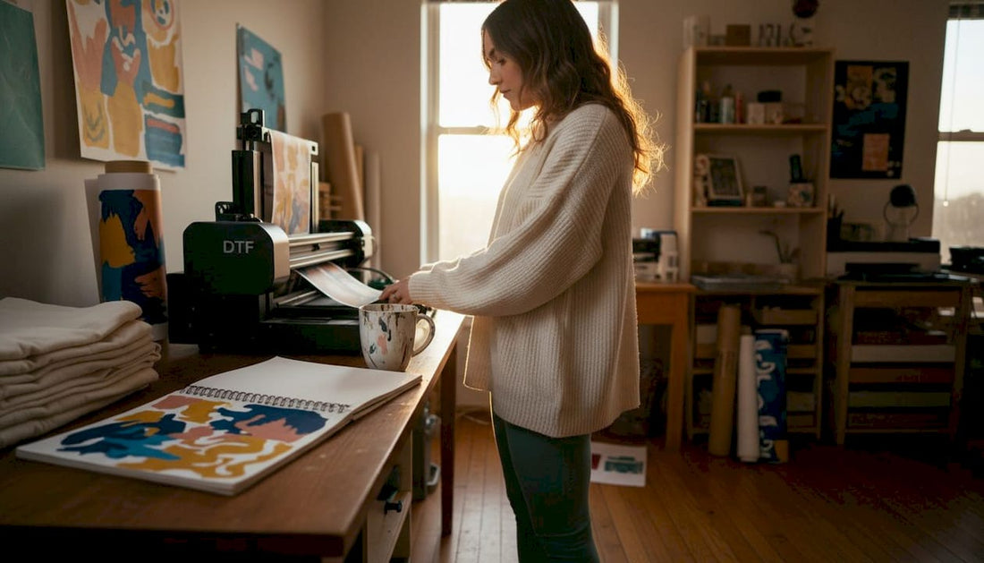 Indie designer using DTF printer in studio