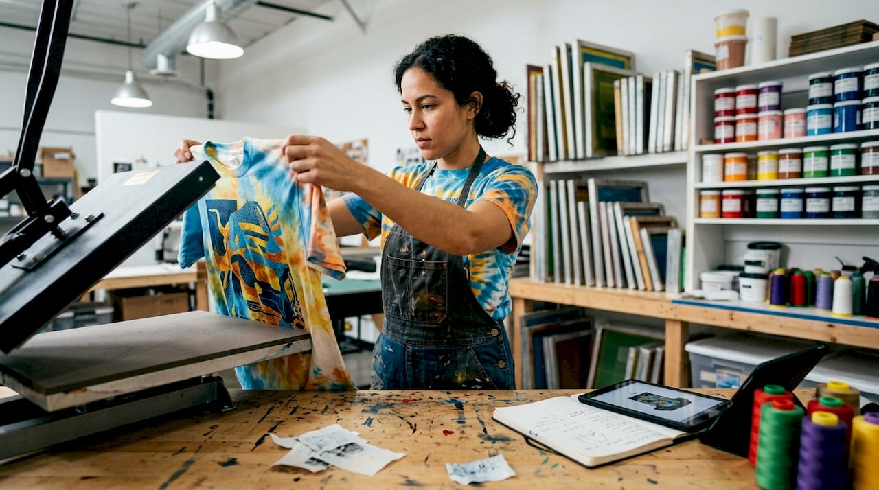 Textile technician in print studio examining t-shirt