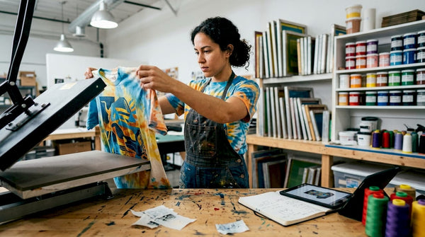 Textile technician in print studio examining t-shirt