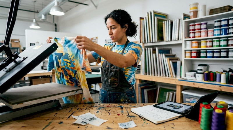 Textile technician in print studio examining t-shirt