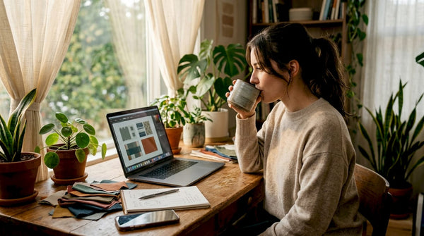 Entrepreneur designing print-on-demand products at table