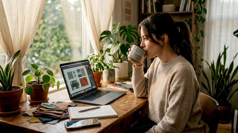Entrepreneur designing print-on-demand products at table
