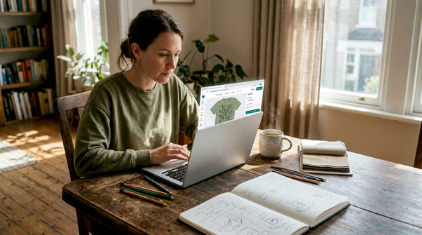 Designer creating custom apparel online at home