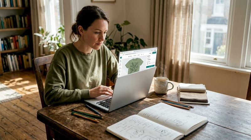 Designer creating custom apparel online at home