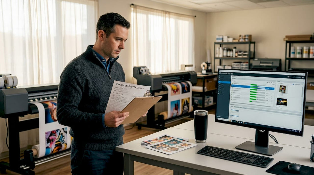 Print manager reviewing DTF workflow in studio