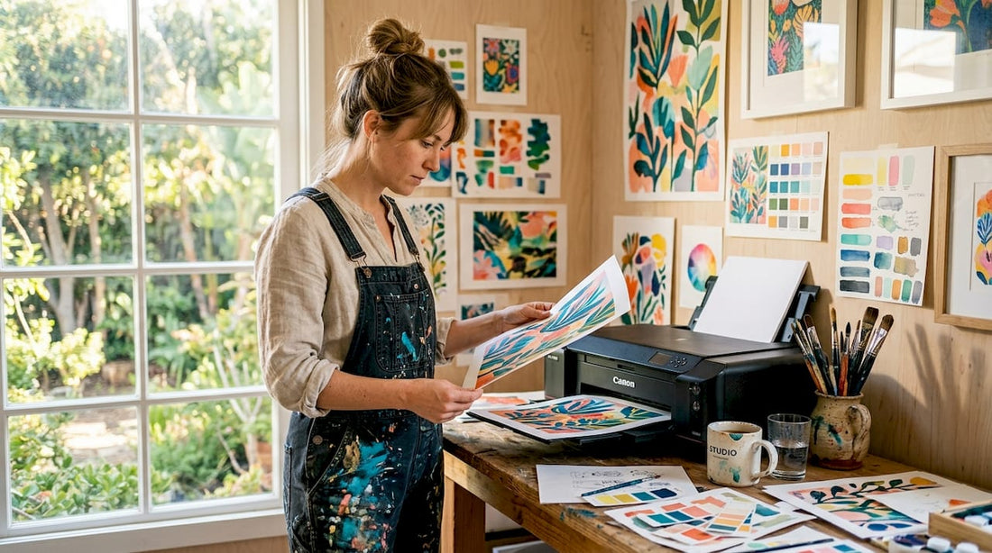 Artist reviewing vibrant color prints in studio