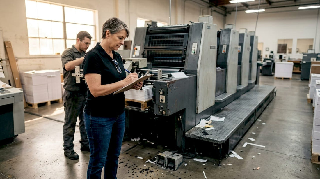 Print shop manager observing workflow with clipboard
