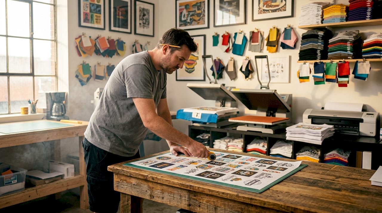 Print technician preparing gang sheet in shop