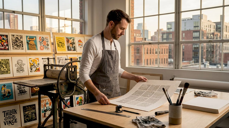 Print technician inspecting intricate print sheet in studio