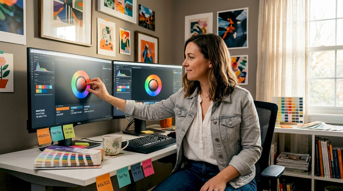 Designer adjusting color settings for digital printing
