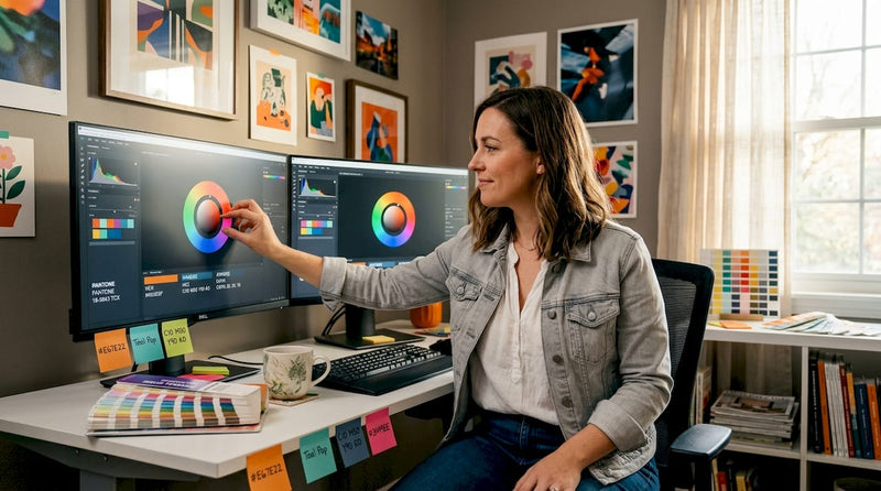 Designer adjusting color settings for digital printing