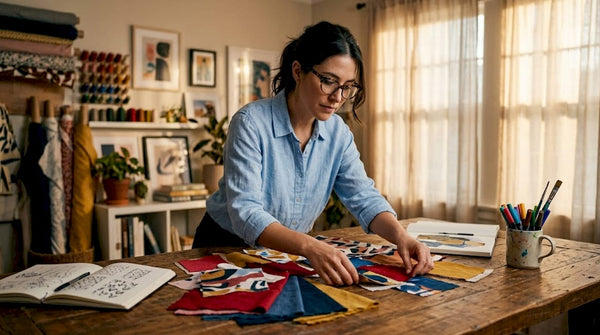 Designer examining vibrant print fabric swatches