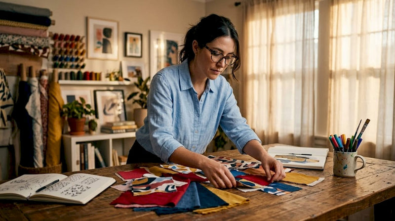 Designer examining vibrant print fabric swatches
