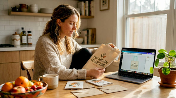 Business owner reviewing printed merchandise samples