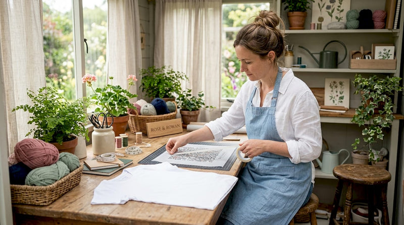 Hobbyist preparing dtf transfer at home studio table
