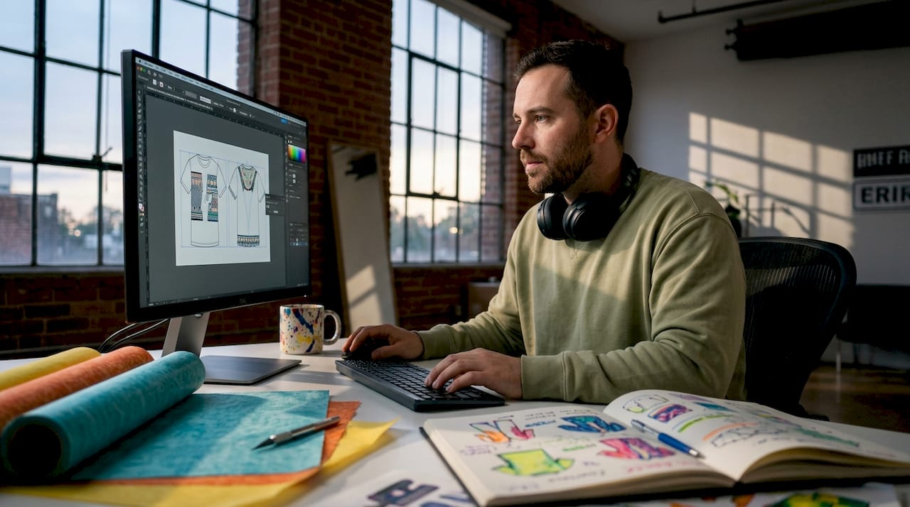 Apparel designer creating gang sheet at cluttered home office desk
