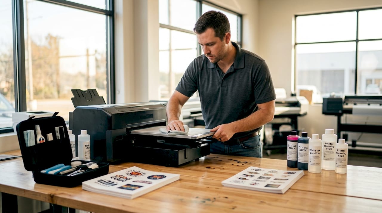 Technician maintaining DTF printer platen