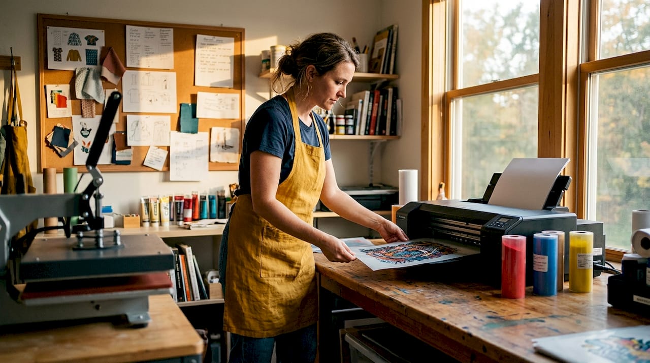 Entrepreneur operating DTF printer in workshop