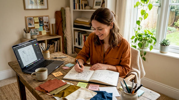 Small business owner designing custom apparel at home office