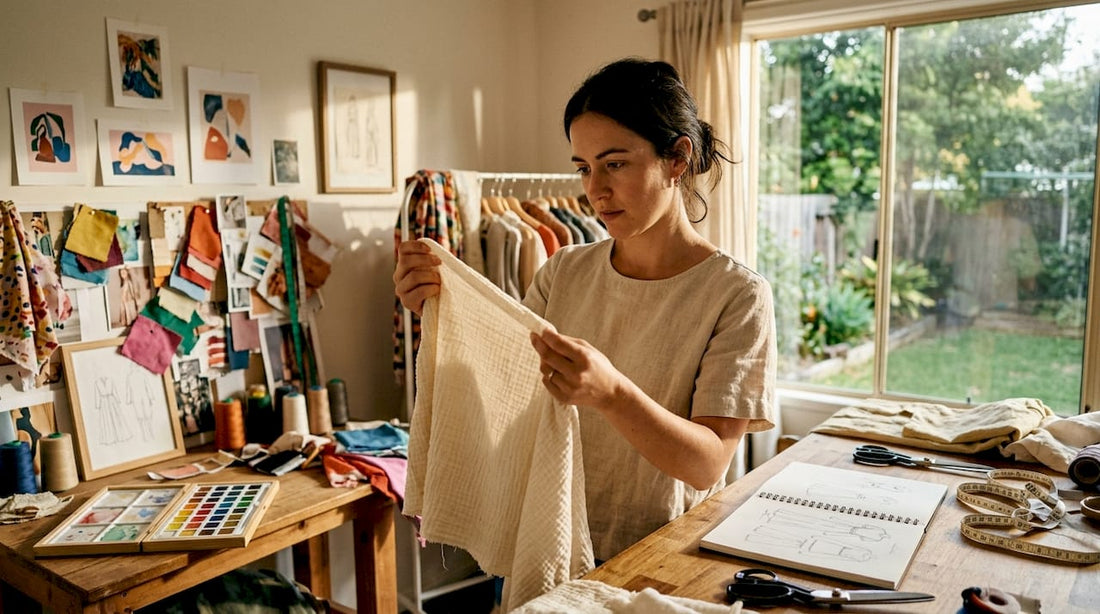 Apparel designer inspecting cotton fabric swatch