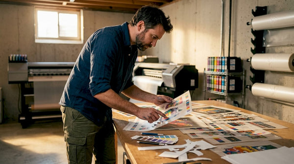 Technician inspecting DTF transfer sheets in print shop