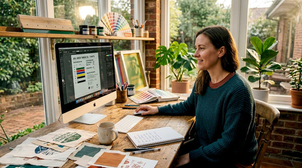 Print entrepreneur working on prepress software at desk