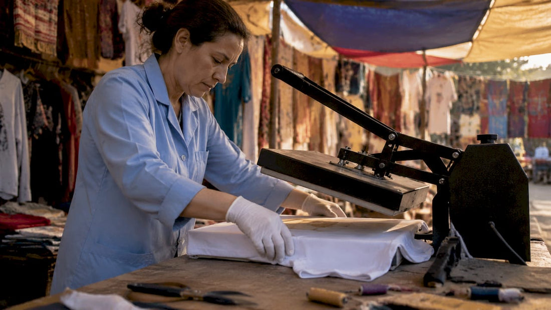 Technician applying heat transfer to blue T-shirt