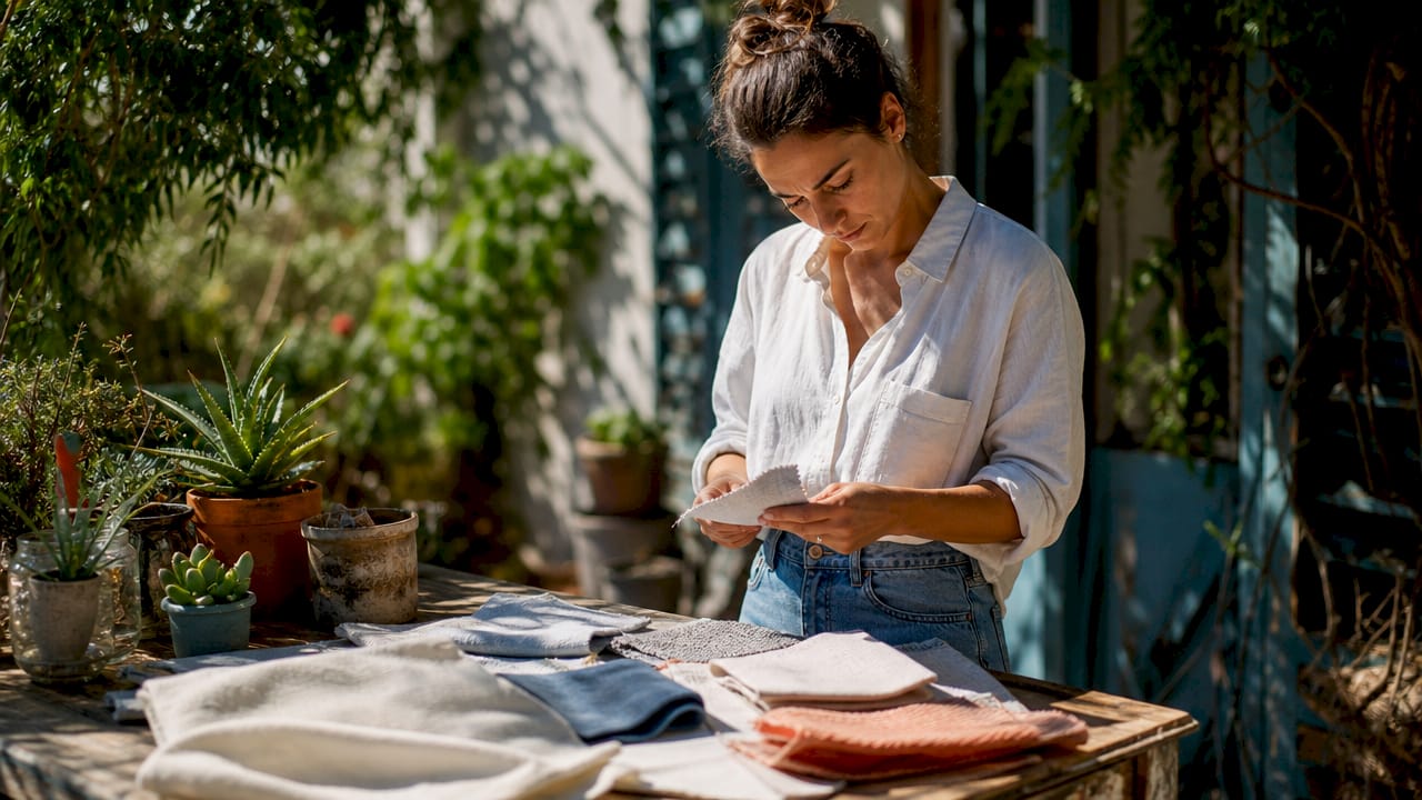 Textile engineer examining fabric swatches