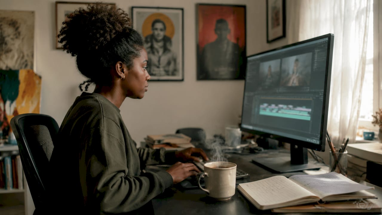 Film student working on editing software