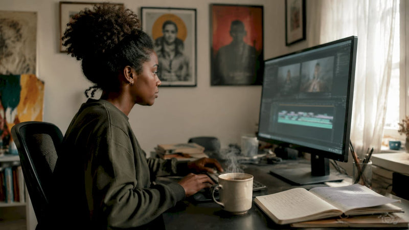 Film student working on editing software