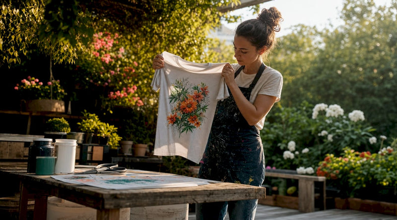 Small business owner inspecting custom decorated garment