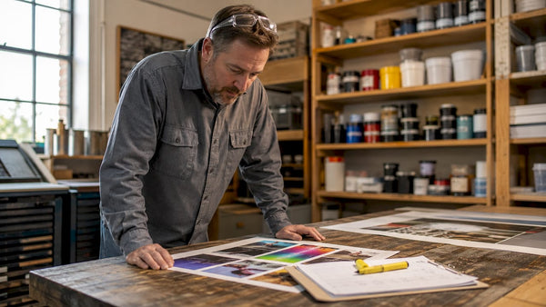 Man inspecting print samples in print shop
