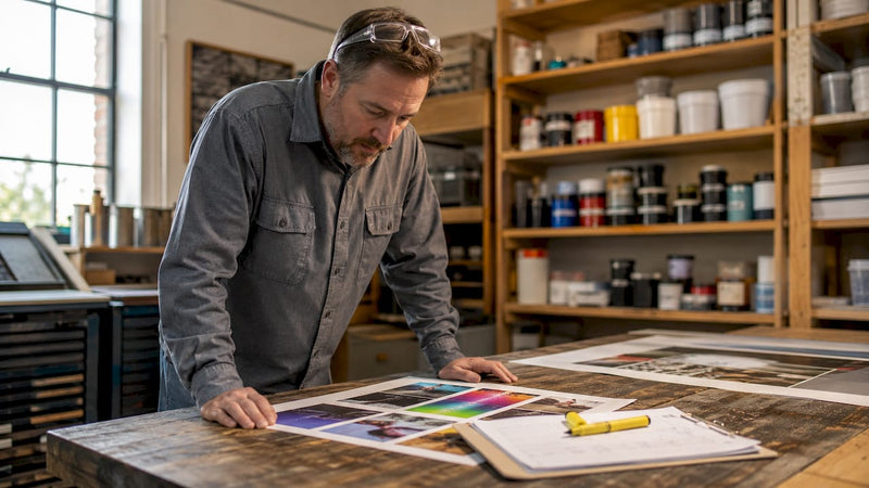 Man inspecting print samples in print shop