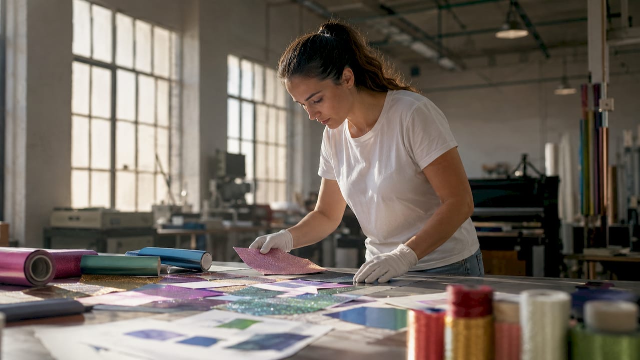 Technician examining heat transfer film samples on bench