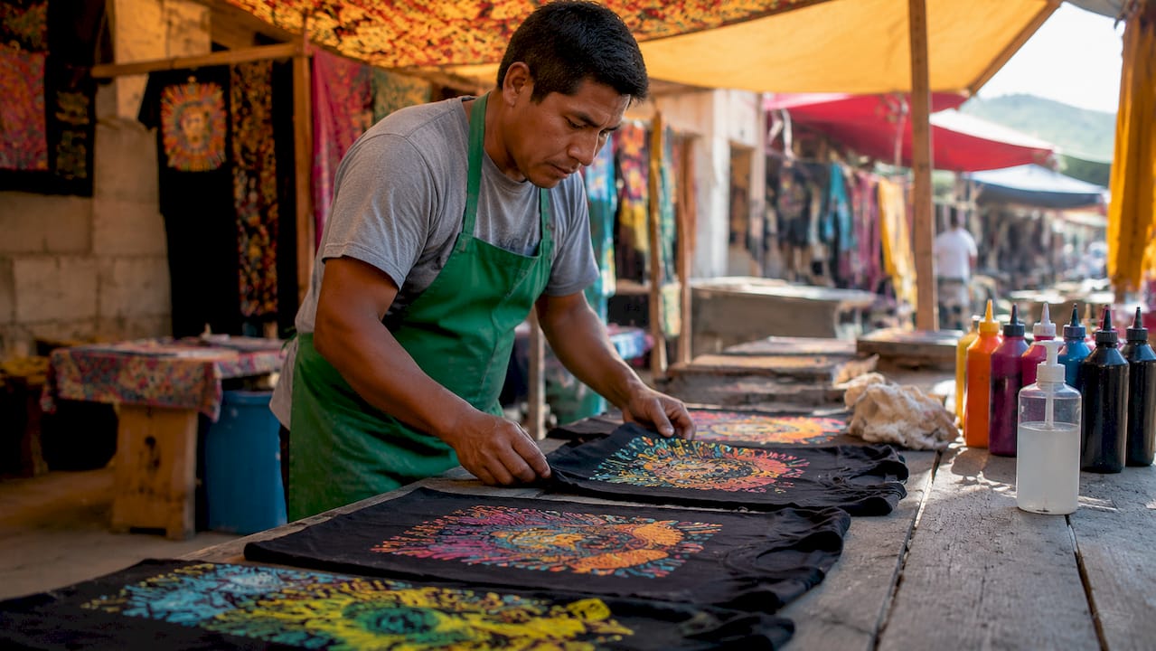 Technician inspecting freshly printed custom apparel