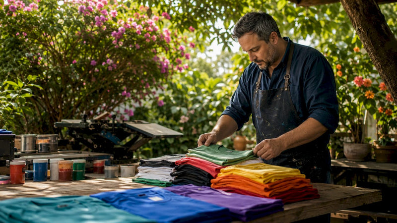Print shop manager inspecting printed apparel
