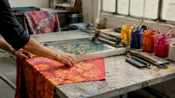 Hands applying screen printing ink onto fabric