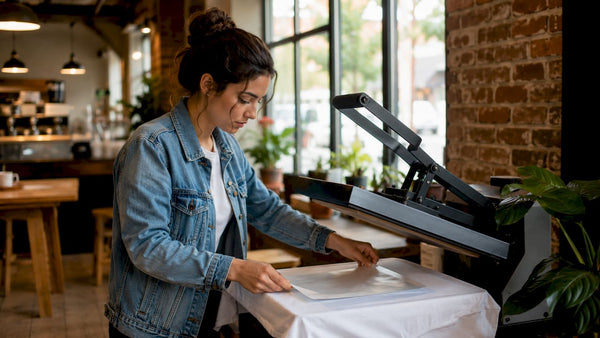 Woman operating heat press in apparel studio