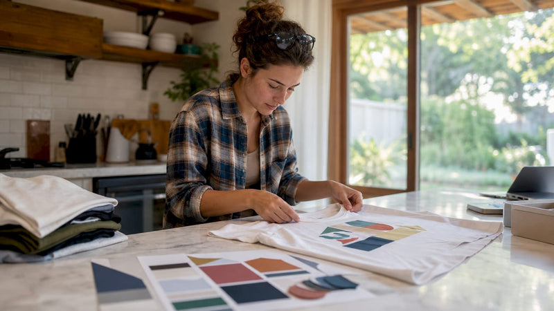 Small business owner inspecting custom t-shirts