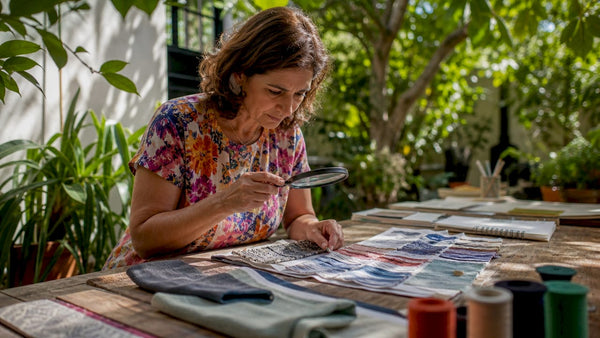 Designer examining fabric samples at desk