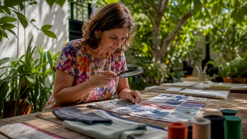 Designer examining fabric samples at desk
