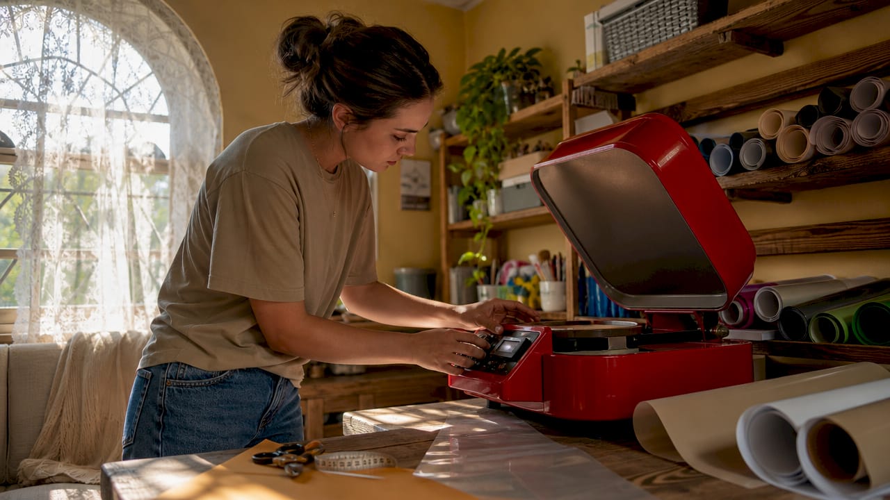 Woman adjusting heat press controls in crafting studio