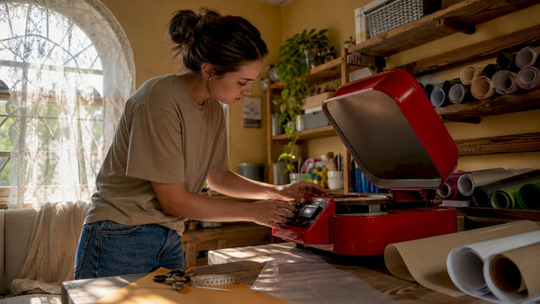 Woman adjusting heat press controls in crafting studio